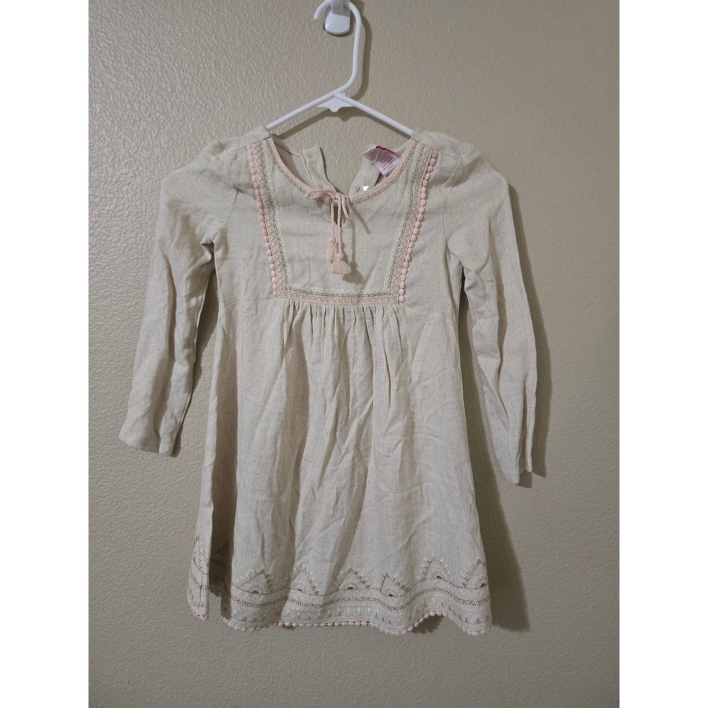 Tommy Bahama Kids Girls Beige Embroidered Pom Pom Boho Long Sleeve Dress Size 5 - Picture 1 of 6